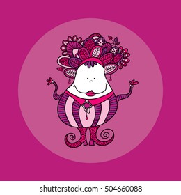 Cute and fun doodle doll vector illustration with crazy hair, big smile, jewels, swirls, stripes, doodles and big curly shoes on dark pink background