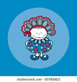 Cute and fun doodle doll vector illustration with big bonnet, bow, big smile, frills, circles and cute shoes on blue background