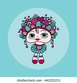 Cute And Fun Doodle Doll Vector Illustration With Hearts, Curls, Doodles And Swirls On Her Head, A Big Smile And Big Eyes.