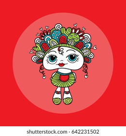 Cute and fun doodle doll vector illustration with hearts, curls, doodles and swirls on her head, a big smile and big eyes.