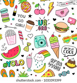 Cute fun doodles seamless pattern on white background for teenage girls