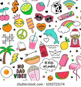 Cute fun doodles seamless pattern on white background for teenage girls