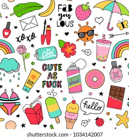 Cute fun doodles seamless pattern on white background for teenage girls