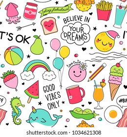 Cute fun doodles seamless pattern on white background for teenage girls