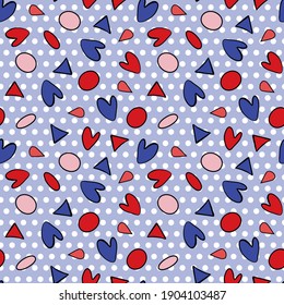Una textura divertida e interminable con corazones, triángulos y puntos de polka aislados en el fondo lila. Ilustración del vector