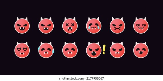 Cute Fun Evil Devil Vampire, Dracula, Bat, Baphomet In Red With Different Facial Express Emoji Emoticon Sticker Design. Illustration Vector.