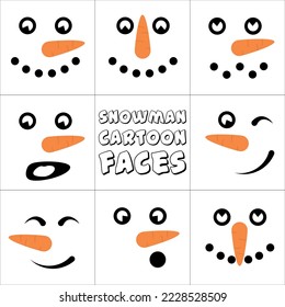 Cute fun faces snowman isolated on white background. Hello winter. Graphics for t-shirts. Vector set 8 in 1