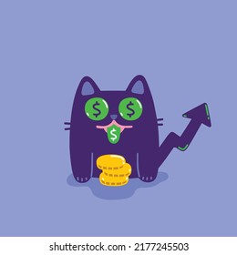 Cute Fun Fat Kitty Cat Smile Seating With Gold Coins. Investment Illustration With Cartoon Animal. 