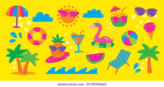 cute fun flat style hand drawn trendy bright colorful cartoon graphic element vector set in summer beach concept
