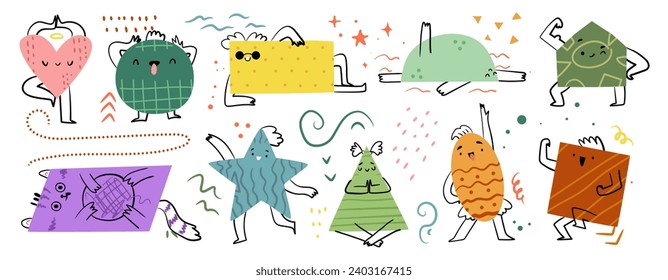 Cute and fun geometric shapes and cartoon characters with emotions on faces. Vector isolated personages for game stickers or emoticons showing muscles and happiness, calmness and strength