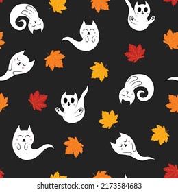 Bonitos gatos fantasmas y hojas de arce sin fisuras. Ilustración vectorial nocturna de Halloween