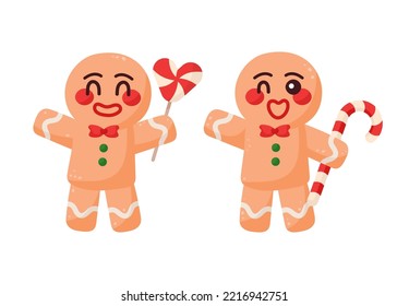 Cute fun gingerbread man cookies welcome pose waving hand holding candy cane sweet. Vector illustration.