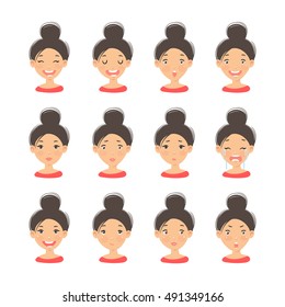 Cute And Fun Girl Character Emotion Faces Cartoon Vector Illustration. Social Media Woman Avatar Happy Face Icons And  Human Expression Variation Sign.