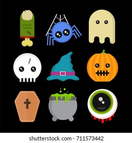 Cute fun Halloween icons set.Vector modern flat style cartoon character illustration. Isolated on black  background. Halloween design concept. zombie, pumpkin, skull, ghost,spider,witch hat,coffin