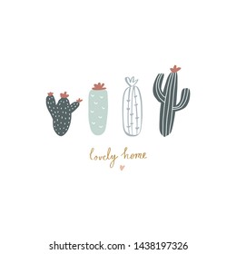 Cute fun hand drawn cacti set. Perfect for print, pin, badge, stickers and more. Cactus vector illustration.