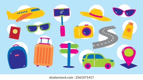cute and fun hand drawn flat design style graphic element vector set in travel concept