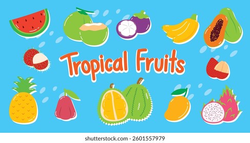 cute fun hand drawn flat style tropical fruit graphic element vector set
