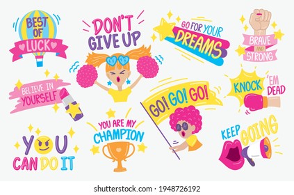 Cute and fun hand drawn graphic elements vector set with handwriting words for cheering or encouraging.