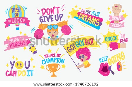 Cute and fun hand drawn graphic elements vector set with handwriting words for cheering or encouraging.