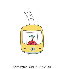 Cute and fun hand drawn isolated vector illustration of the old yellow tram in Lisbon, Portugal