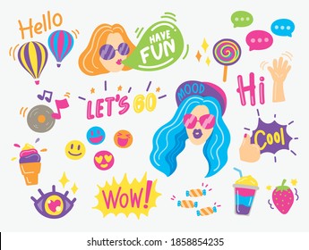 Cute and fun hand drawn stickers vector set. 