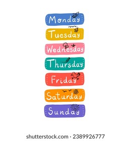 Cute fun hand written days of the week stickers for weekly planner with elements. Colourful playful days of the week lettering. Typography set, font for daily organiser, diary for kids.