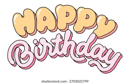 A cute and fun handwritten bubble lettering of "Happy Birthday" with outline style for graphic elements, greeting cards, party invitations, and other birthday-themed designs. 