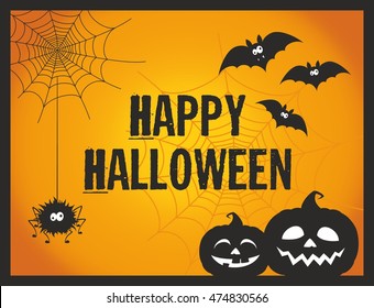 Cute and fun Happy Halloween vector illustration with text, pumpkins, spider, web and bats on a yellow orange background. Happy Halloween greeting card.