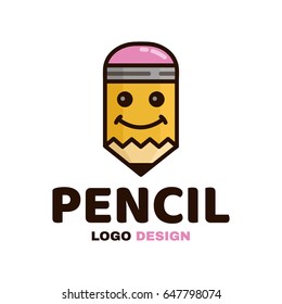 Cute fun happy pencil logo design. Vector flat modern style illustration character icon design. Isolated on white background. 
