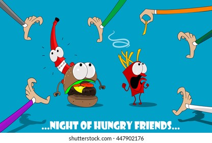 Cute and fun illustration of cartoon burger, potatoes, ketchup, fleeing from hungry people. Banner design for the cafe, menu, fast food. Vector characters