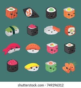 Cute and fun japanese sushi vector cartoon characters. Illustration of roll and sushi with face collection