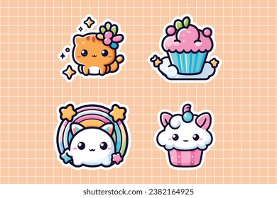 Cute and Fun Kawaii Cat and Cupcake Stickers on a Checkered Background for Kids and Creative Projects to Add Fun to Your Day