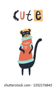 Cute and fun kids hand drawn nursery poster with ferret animal and lettering. Color vector illustration in scandinavian style.
