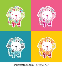 Cute and fun lion vector illustration with doodle mane, dots, swirls and a big smile in various colors.