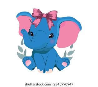 cute and fun little blue elephant with big bow, vector illustration on white isolated background.