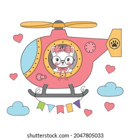 Cute fun little cat girl in a helicopter for t-shirt graphics, fashion prints, posters and other uses