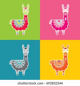 Cute and fun llama multi colored vector illustration with a patterned blanket in various colors.