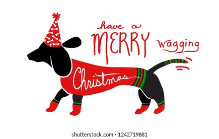 cute fun Merry Christmas dog art vector with handwritten holiday saying, dachshund wiener dog is dressed in red and green sweater and socks and wagging tail