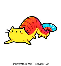 A cute and fun mix of an orange cat and a shrimp. Design for stickers, t-shirts, posters, greeting cards. Isolated on white background