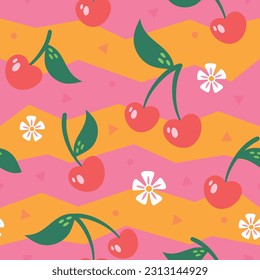 Cute, fun modern cherry fruit pattern with colorful stripes, flowers, shapes. Seamless vector repeat pattern.