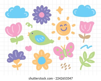 cute and fun nature graphic element illustration vector set in trendy hand drawn doodle style