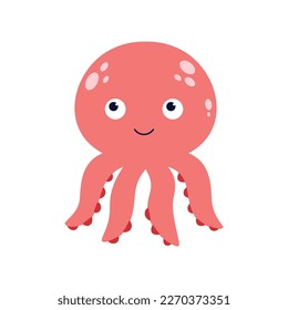 pulpo divertido lindo con cara dulce, pequeño animal adorable de mar, personaje de dibujos animados infantiles, ilustración vectorial plana aislada en fondo blanco
