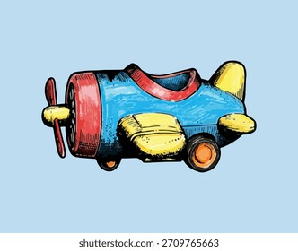 Cute fun old airplane hand drawing coloring toy. for t shirt graphic print design. illustration vector