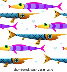 cute fun pattern of fantasy sea fish.Colorful texture, rapport with aquatic inhabitants in a cartoon style.For advertising,creativity,paper,textile,etc.