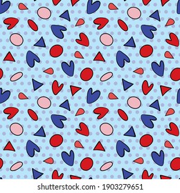 Cute fun pattern with hearts, triangles and polka dot isolated on the cky blue background. Vector illustration