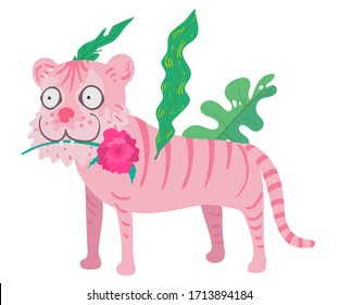 Cute and fun pink tiger carry red rose with his mouth and decorated tropical leaves on body, character design, tint pastel hand drawn illustration