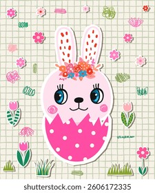 Cute fun pink vector bunny in an egg, Funny cartoon Easter animal illustration design background