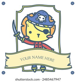 
Cute fun pirate ship captain and crew member personalized poster character with blank name space banner template background for kids in summer season - lion