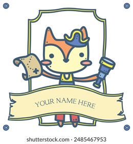 
Cute fun pirate ship captain and crew member personalized poster character with blank name space banner template background for kids in summer season - fox