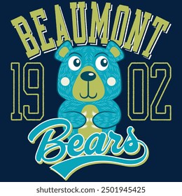 Cute, fun, playful bear sports design with texts in school shapes, numbers and attractive colors to capture activism for a healthy and fun life